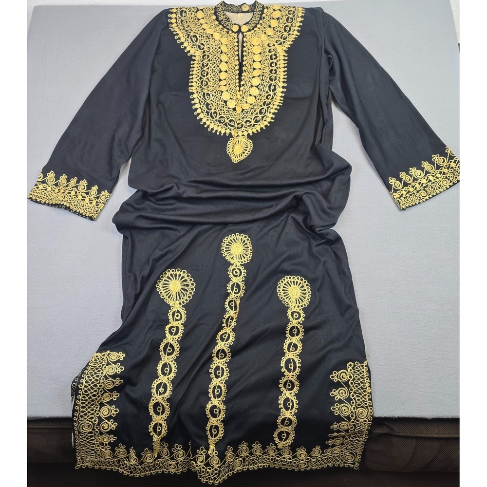 Black Gold Embroidered Moroccan Kaftan Traditional Middle Eastern Tunic Large